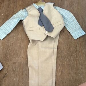 George Tan Vest Set with Seafoam Plaid Shirt and Gray Tie